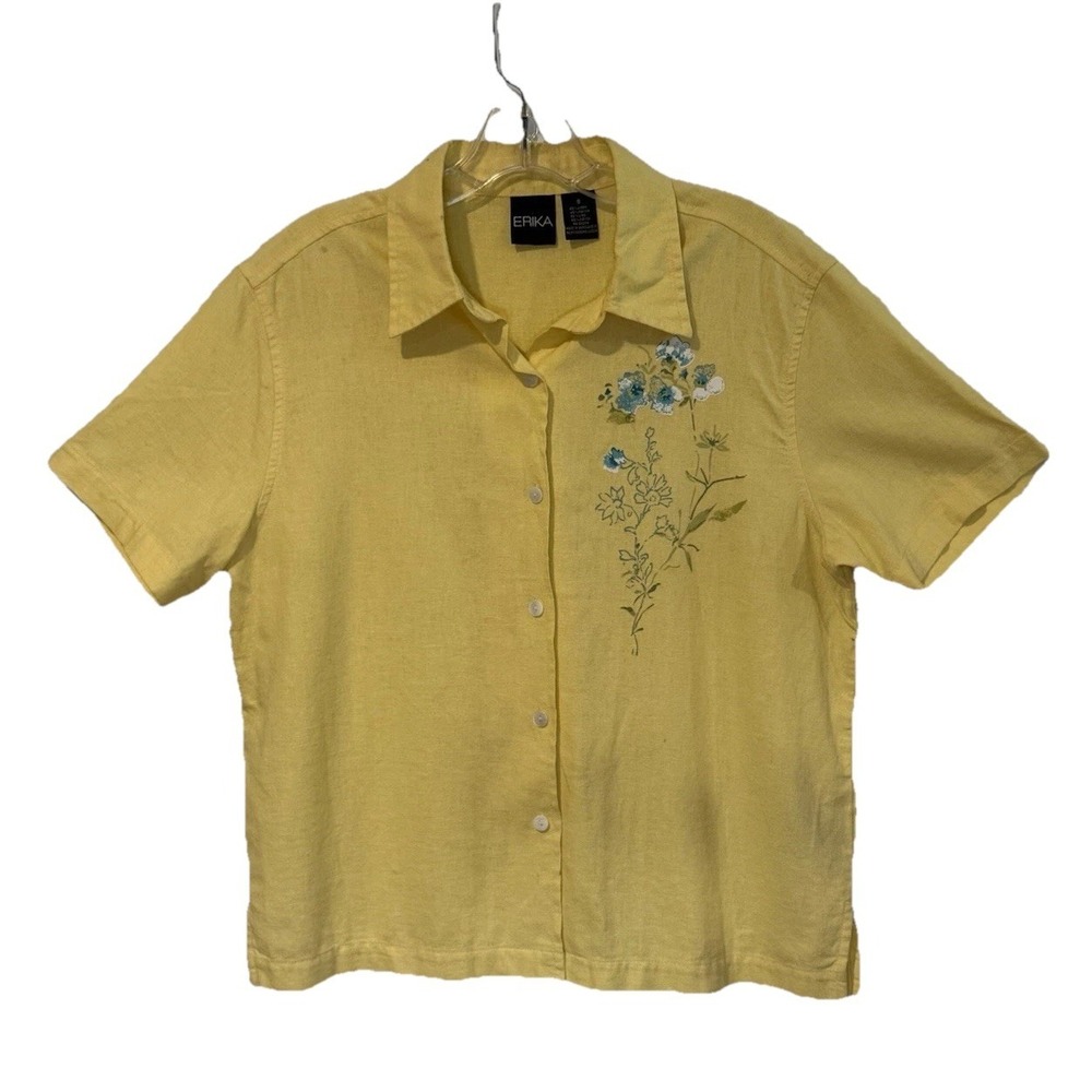 Erika Linen Blend Yellow Floral Short Sleeve Button-up Blouse Top Shirt Small